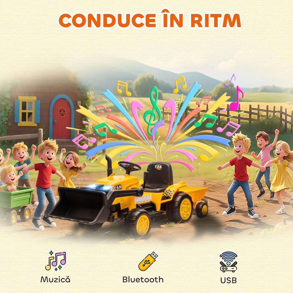 AIYAPLAY Excavator Electric pentru Copii 12V cu Cupă și Remorcă Detașabilă, Tractor Electric de Călărit cu 2 Motoare, Telecomandă, Conexiune Wireless, USB, Lumini și Muzică, 3-8 Ani, Galben | Aosom Romania