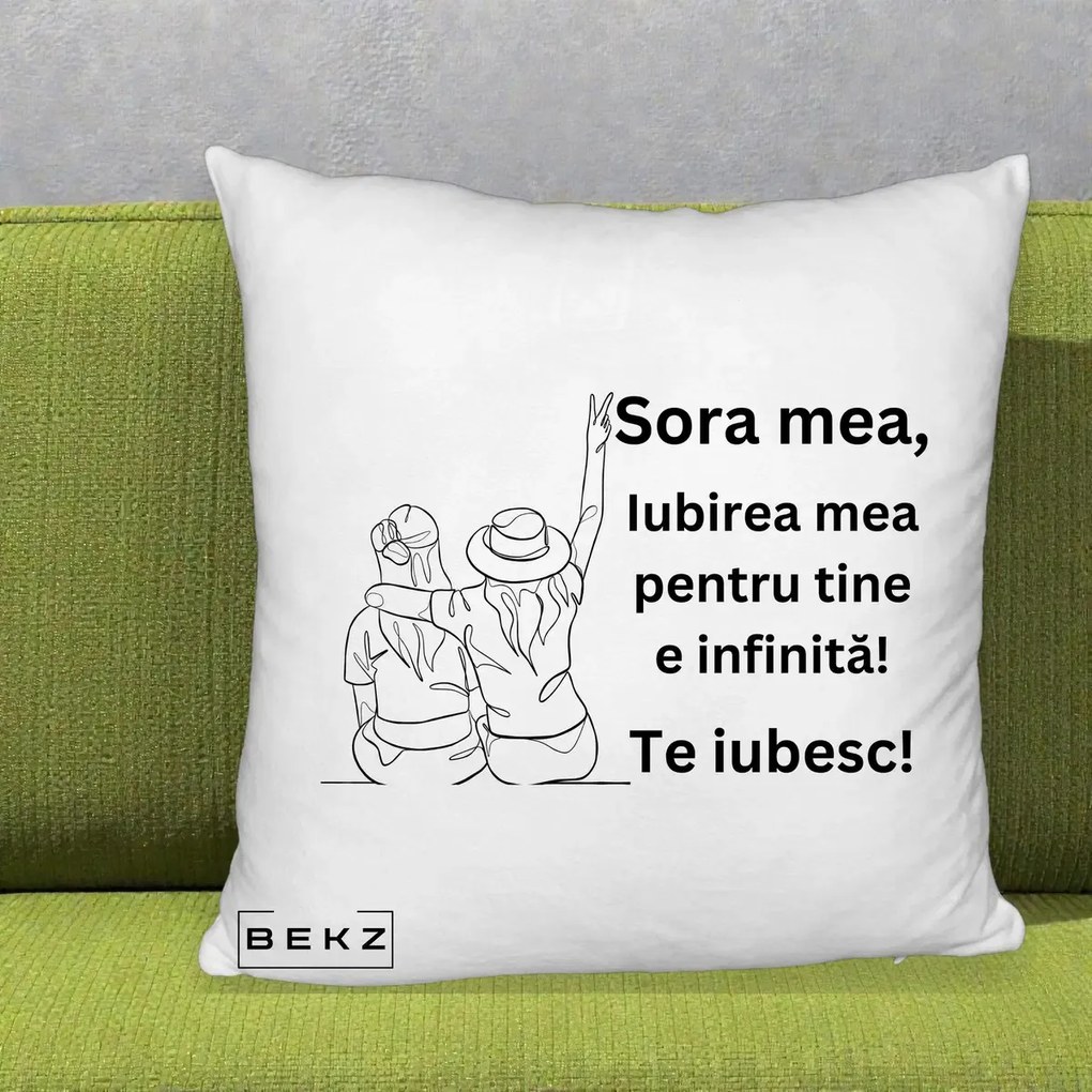 Perna personalizata sora: Sora mea, te iubesc, fete cu palarii, 40x40 cm cu Umplutura, Alb Pufos, BEKZ