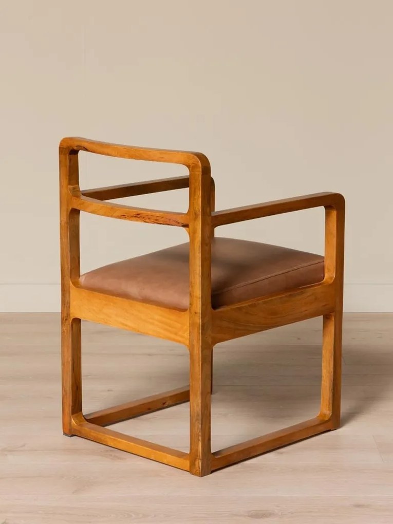 Scaun de dining din lemn de mango natur cu șezut din piele naturală și finisaj rotunjit, 84×43×56 cm, „Kalua"