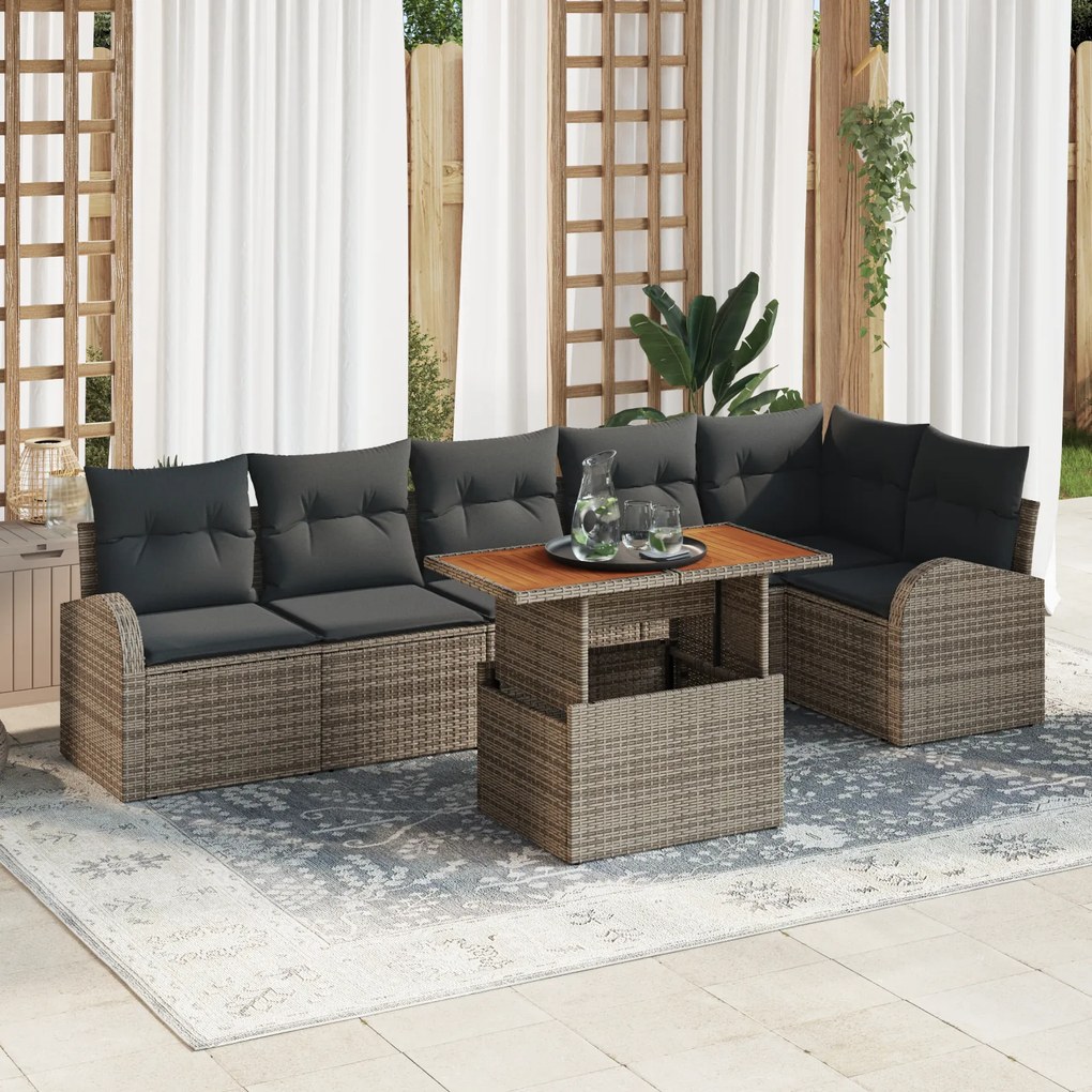 vidaXL Set de dining de grădină cu 7 piese și perne, gri, din poli ratan și acacia