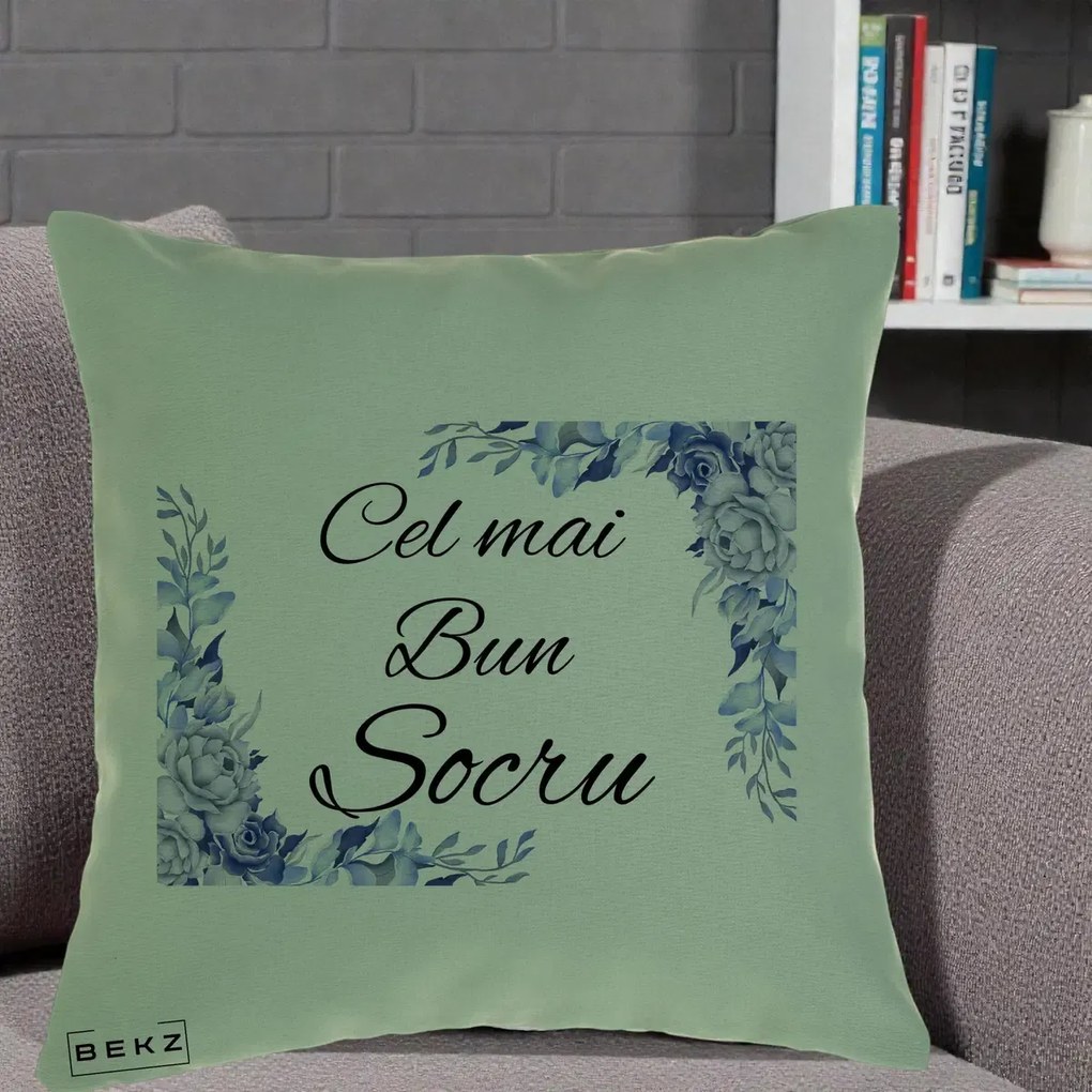 Cadou pentru Socru - Perna Personalizata Cel mai Bun Socru cu Flori Albastre Acuarela, 40x40 cm, Verde, Husa Detasabila, Perna Inclusa, BEKZ®