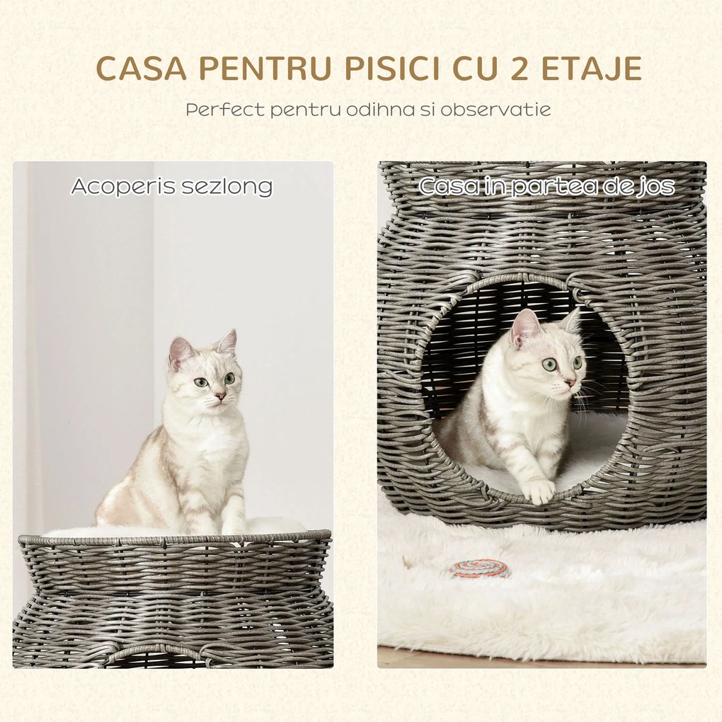 PawHut Coș pentru Pisici din Rattan PE cu 2 Niveluri, Zonă de Zgâriat și Cușcă, Perne de Plus Lavabile, Diametru Φ50x43.5cm, Gri Închis | Aosom Romania