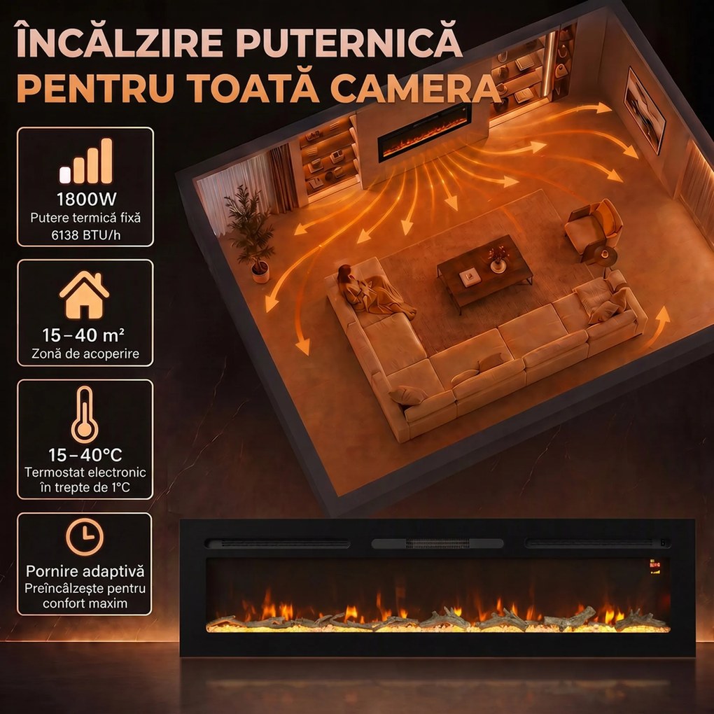 HOMCOM Șemineu electric de 170 cm, încastrabil sau de perete, 1500 W, timer 24 ore, flacără reglabilă, cristale | Aosom Romania
