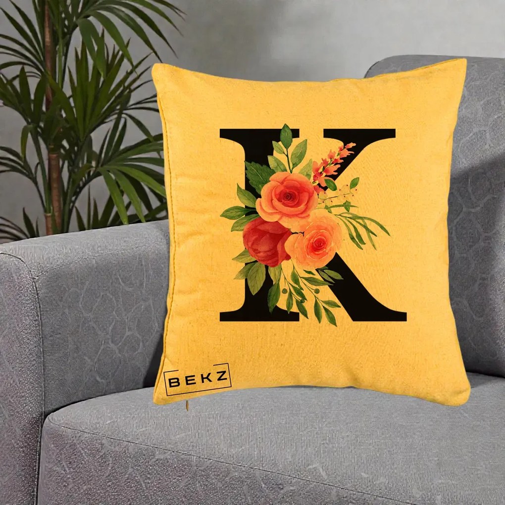 Cadou Personalizat - Perna Personalizata Monograma Florala Litera K, 40x40 cm, Galben, Husa Detasabila, Perna Inclusa, BEKZ®