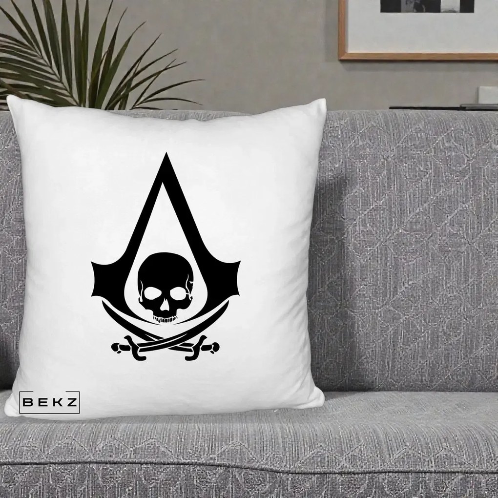 Perna Personalizata Assassin's Creed Black Flag Skull, 40x40 cm, Alb Pufos, Husa Detasabila, Perna Inclusa, BEKZ®