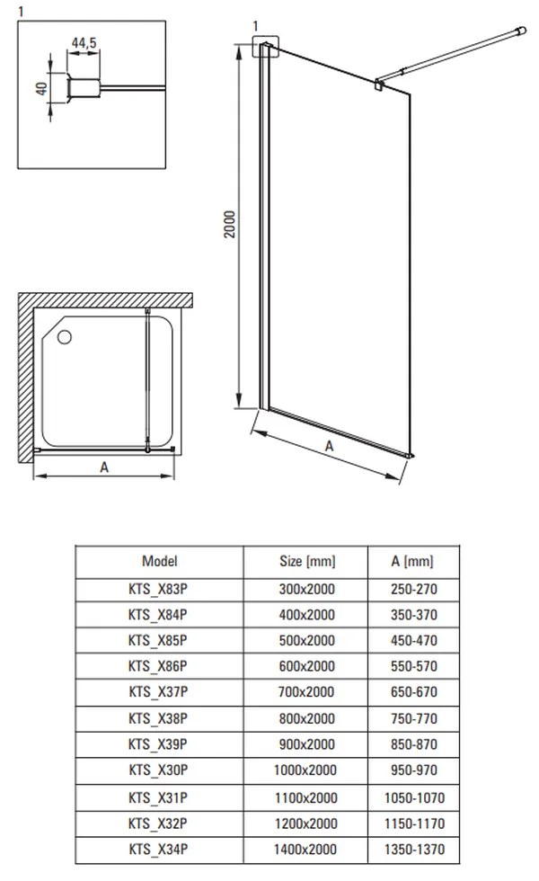 Paravan dus profil negru walk-in sticla securizata 50x200 cm, Deante Kerria Plus Negru mat, 500x2000 mm