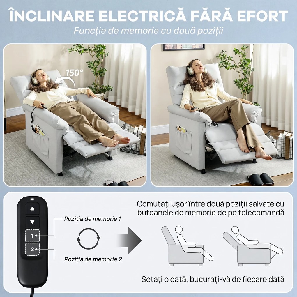 HOMCOM Fotoliu Relaxant Electric cu Masaj și Încălzire și Suport pentru Picioare, Silențios, Fotoliu Reclinabil 150° în Catifea Prietenoasă cu Animalele cu Funcție de Memorare, 2 Telecomenzi pentru Sufragerie, Gri Deschis | Aosom Romania