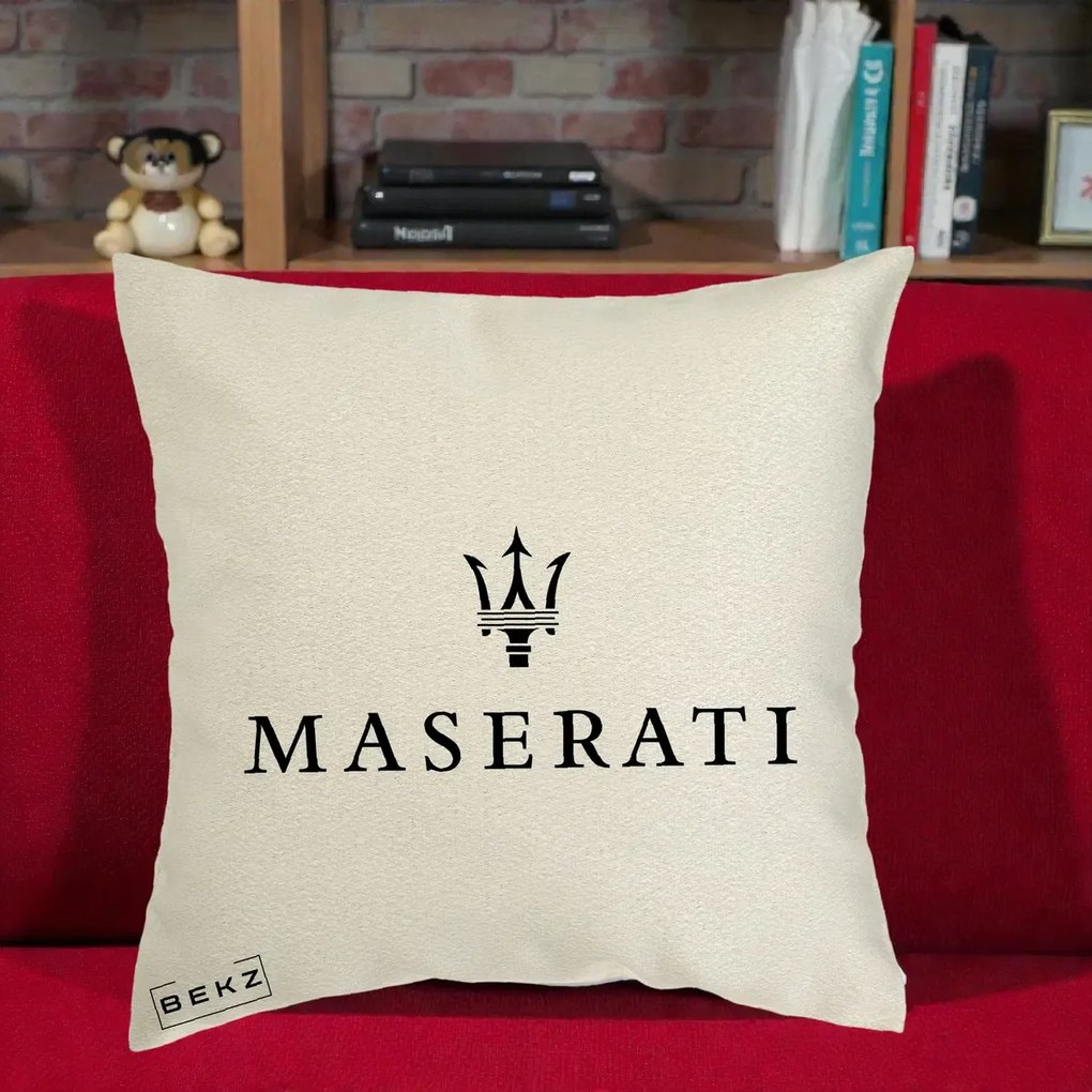 Perna Personalizata cu emblema Maserati, 40x40 cm, Ecru, Husa Detasabila, Perna Inclusa, BEKZ®