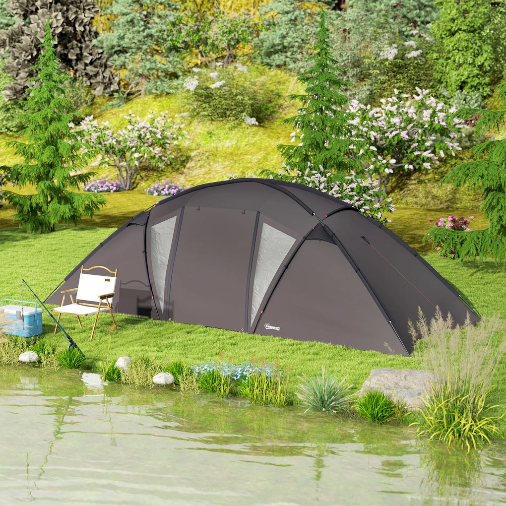 Outsunny Cort de camping familial pentru 4-6 persoane, cort tunel impermeabil 3000 mm cu 2 uși, sac de transport, negru | Aosom Romania