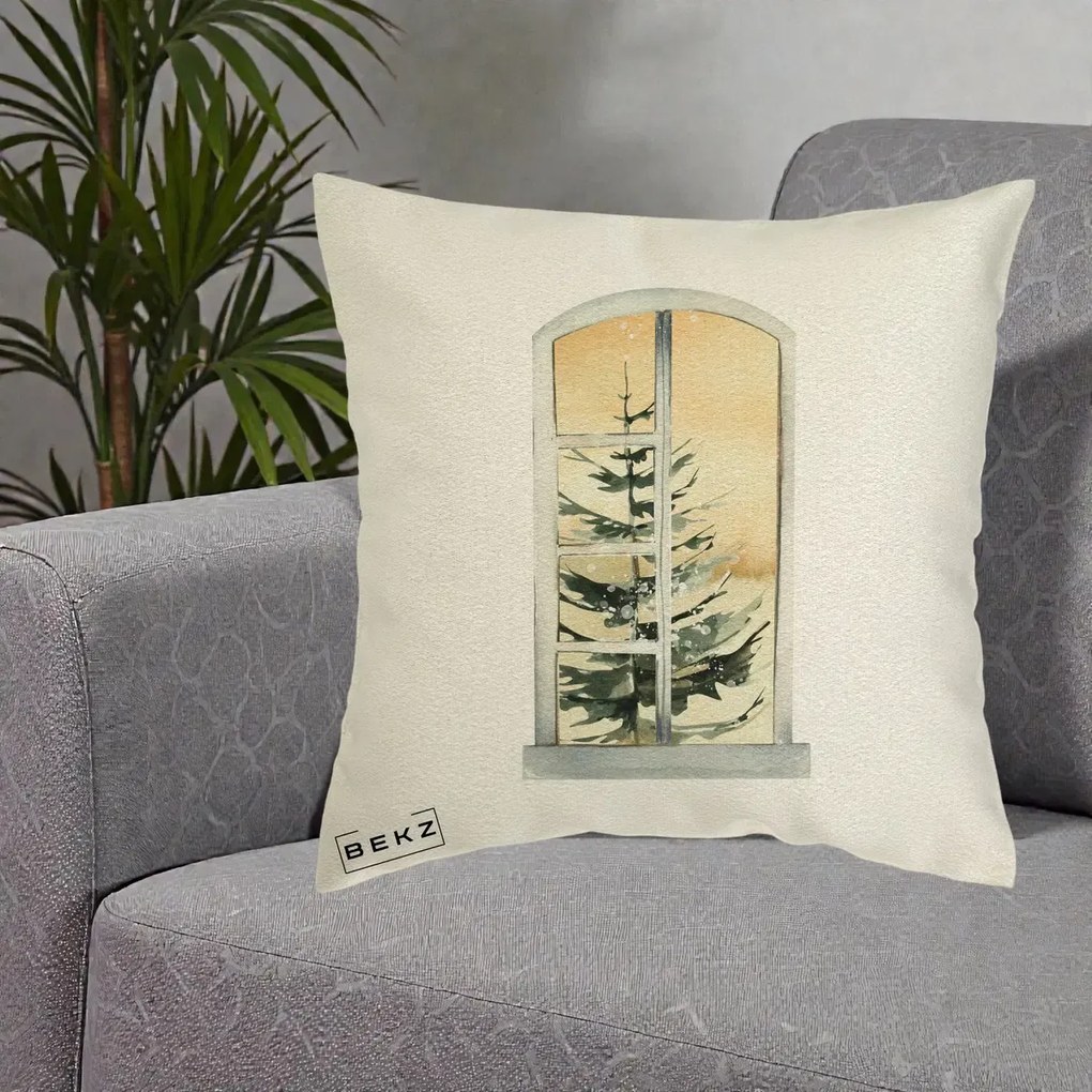 Perna Decorativa Fereastra cu Brad de Iarna, 40x40 cm, Ecru, Husa Detasabila, Perna Inclusa, BEKZ®