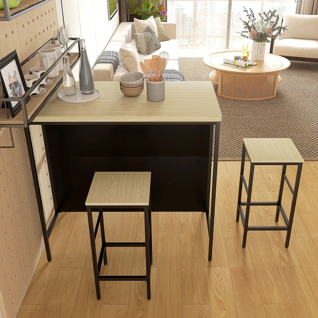 HOMCOM Set masă de bar și 2 taburete de stil industrial cu raft de depozitare, suporturi pentru picioare, metal negru și aspect lemn | Aosom Romania