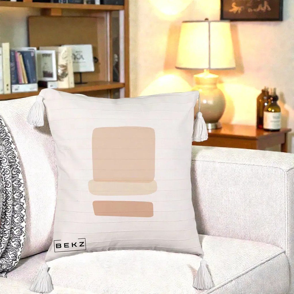 Perna Decorativa Abstract Forme Bej Poudre, 40x40 cm, Bej cu Franjuri, Husa Detasabila, Perna Inclusa, BEKZ®