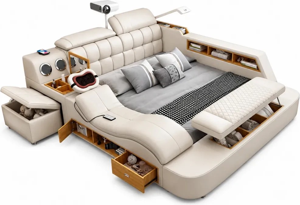 MOBLUX03 Luxury 180x200 cm Beige Right Chaise – Pat Inteligent Premium cu Proiector, Vibromasaj, Boxe Bluetooth, Încărcare Wireless și Spații Multiple de Depozitare