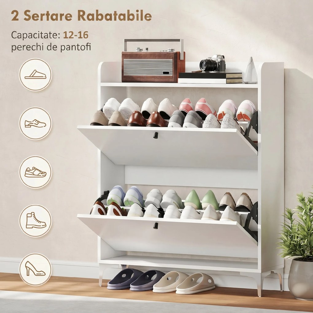 HOMCOM Dulap pentru încălțăminte Slim cu 2 sertare basculante și rafturi ajustabile, din lemn și metal, 80x24x101cm, alb | Aosom Romania