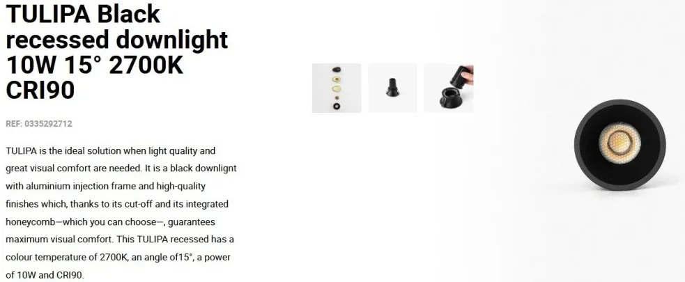 Spot LED incastrabil TULIPA Black recessed downlight 10W 15° 2700K CRI90