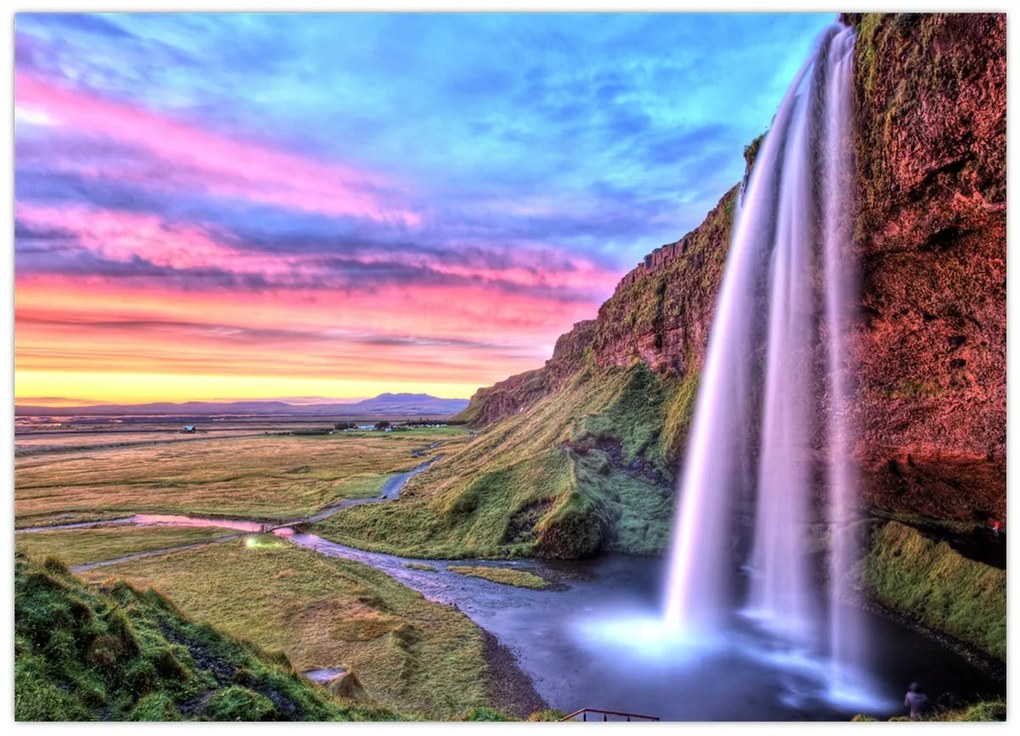 Tablou pe sticlă - Cascada Seljalandsfoss (70x50 cm)
