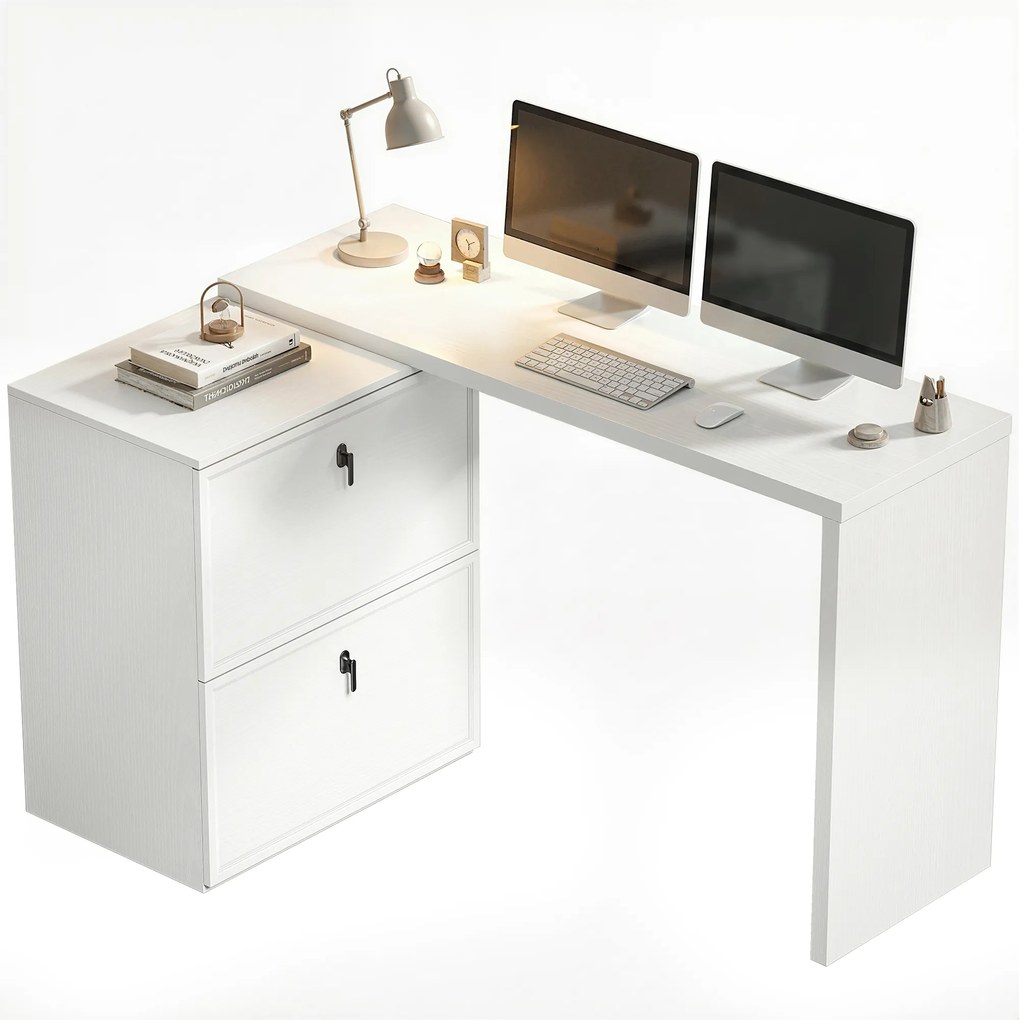 HOMCOM Birou reversibil în formă de L cu 2 sertare pentru arhivă Design modern pentru spații mici Birou alb | Aosom Romania