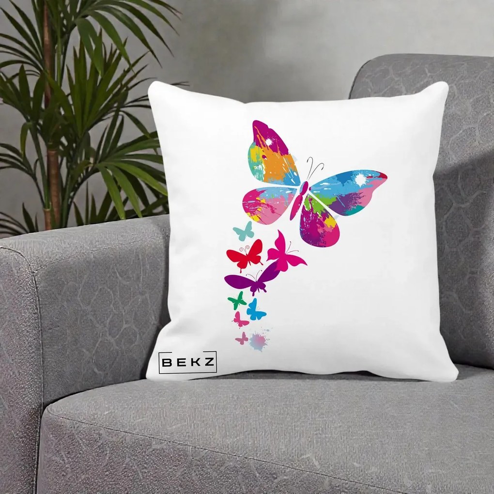 Perna Decorativa Fluturi Splash, 40x40 cm, Alba Mata, Husa Detasabila, Perna Inclusa, BEKZ®
