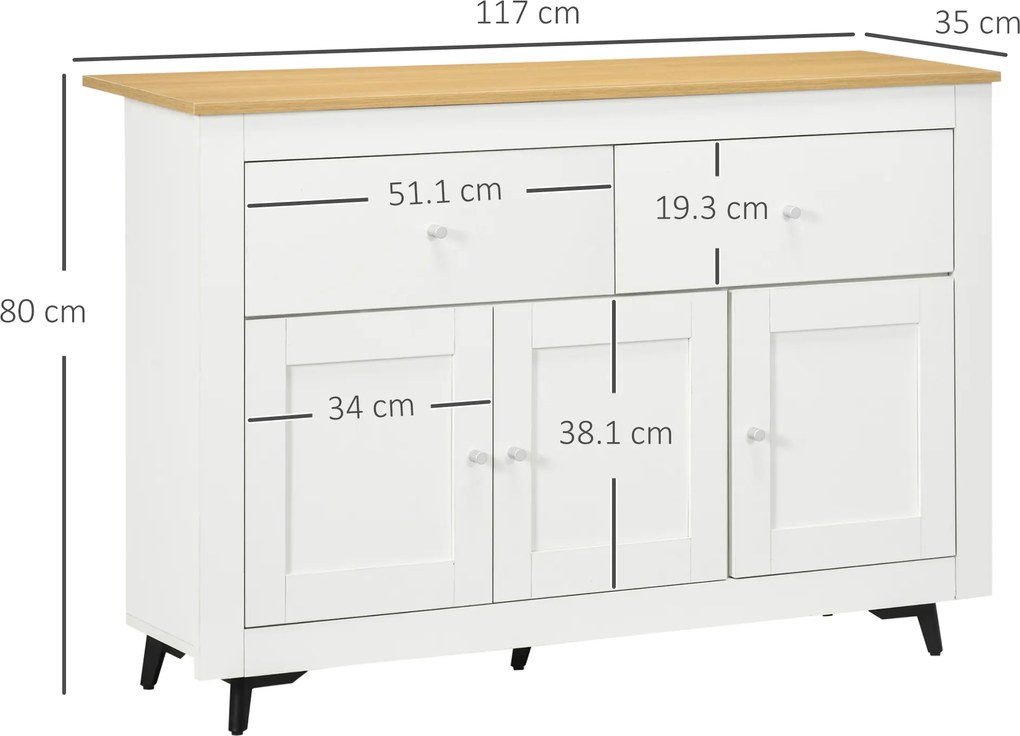 HOMCOM Bufet din lemn cu 2 sertare și 2 dulapuri, 117x35x80 cm, alb și culoare lemn | Aosom Romania