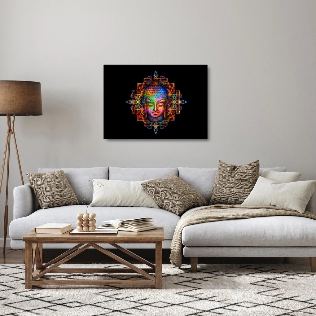 Tablou pe sticlă - Bustul lui Buddha în culori neon (70x50 cm)