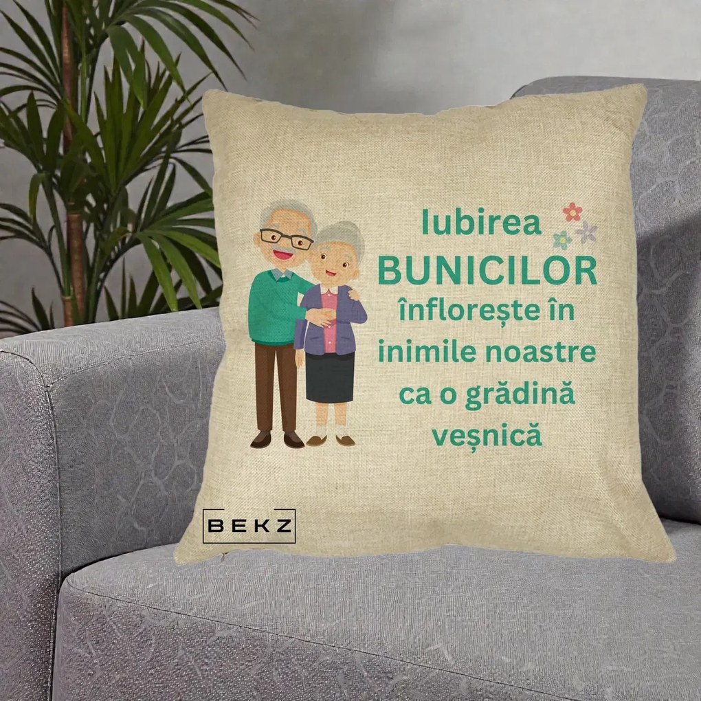 Cadou pentru Bunici - Perna Personalizata Bunicii Iubirea Infloreste Cuplu Senior Teal, 40x40 cm, Crem, Husa Detasabila, Perna Inclusa, BEKZ®