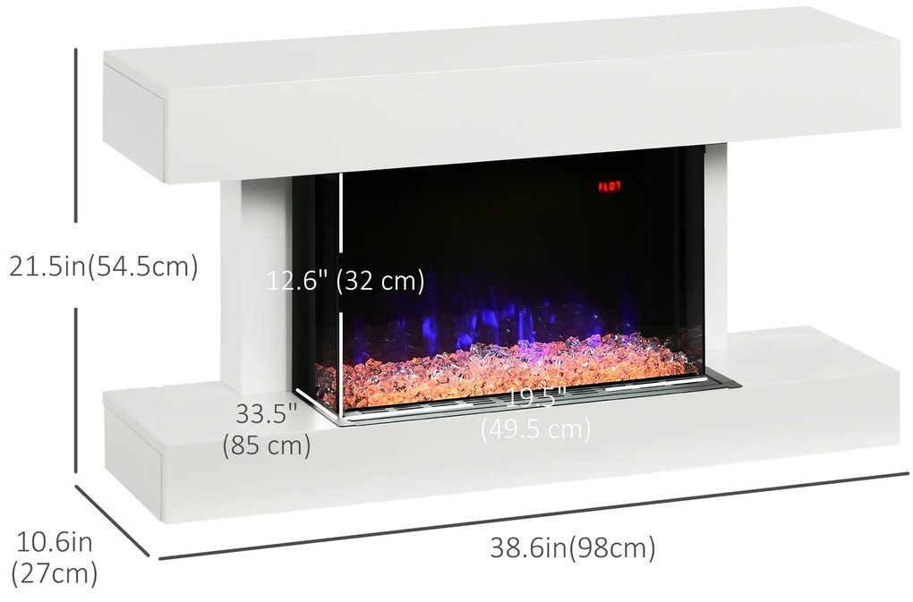 HOMCOM Șemineu Electric Independent și pentru Perete, cu Telecomandă și Protecție Împotriva Supraîncălzirii, 98x27x54,5 cm, Alb | Aosom Romania