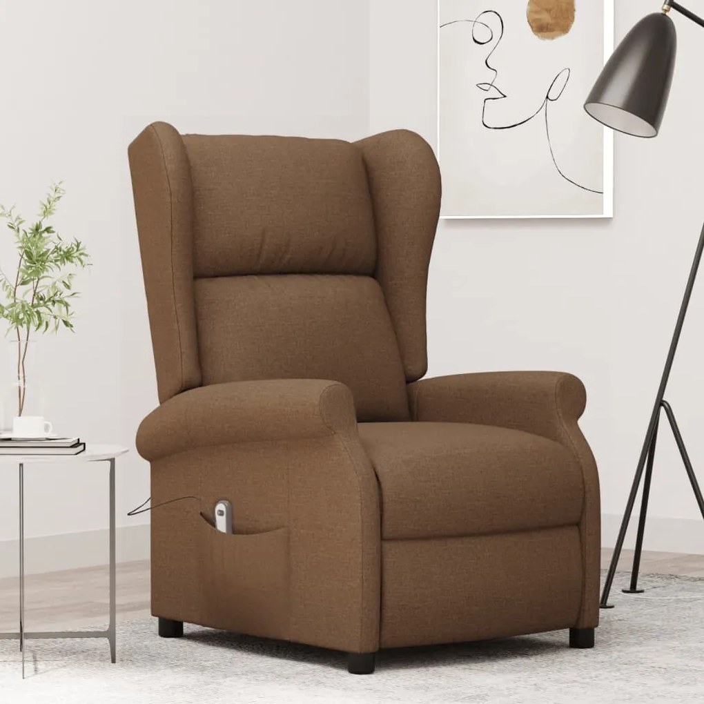3098323 vidaXL Fotoliu electric rabatabil, spătar cu aripi, maro, textil