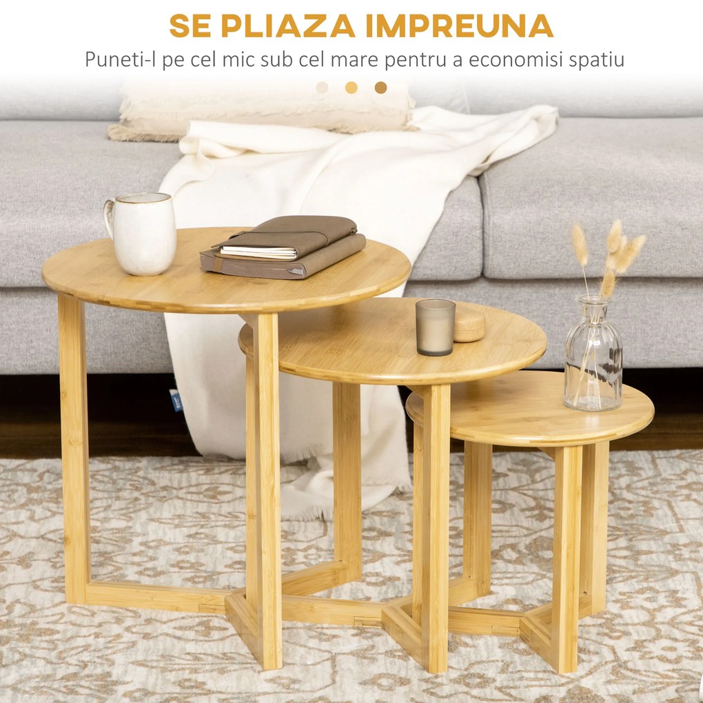 Masute pentru camera de zi, 3 bucati din bambus cu design superpozabil pentru spatii interioare si exterioare HOMCOM | Aosom RO