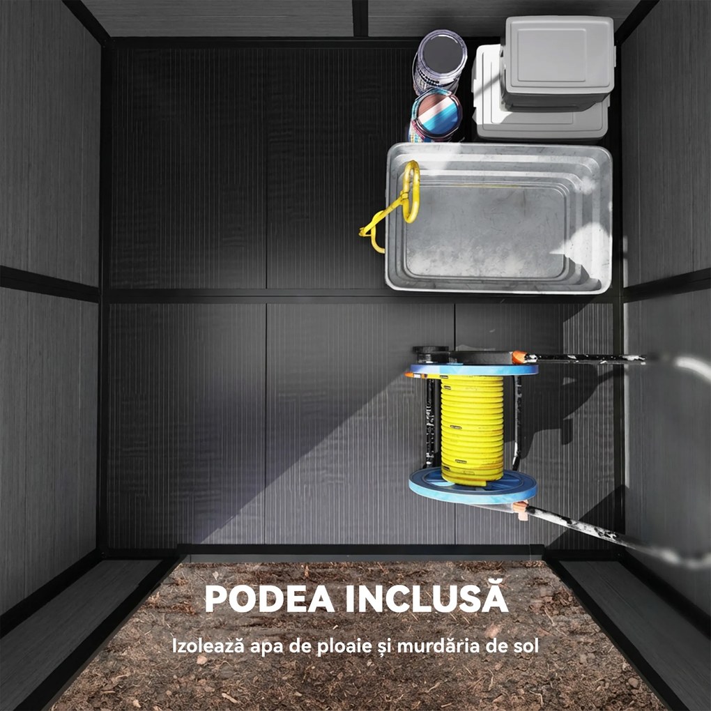 Outsunny Magazie de Grădină 2.89m² din PP și Aluminiu cu Podea, Depozit Grădină cu Uși Duble cu Încuietoare, Aerisiri, 3 Ferestre, Acoperiș Înclinat, Mănuși, Gri Închis | Aosom Romania