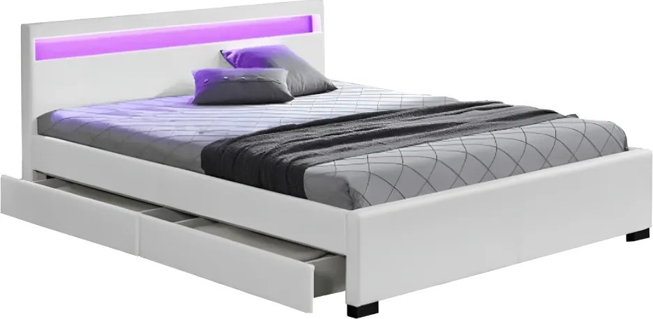 Pat matrimonial, iluminare RGB LED, piele ecologică albă, 160x200, CLARETA