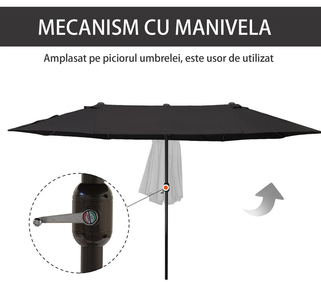 Outsunny Umbrelă Dublă de Grădină cu Manivelă Oțel și Poliester Rezistent, 460x270x240cm, Negru | Aosom Romania