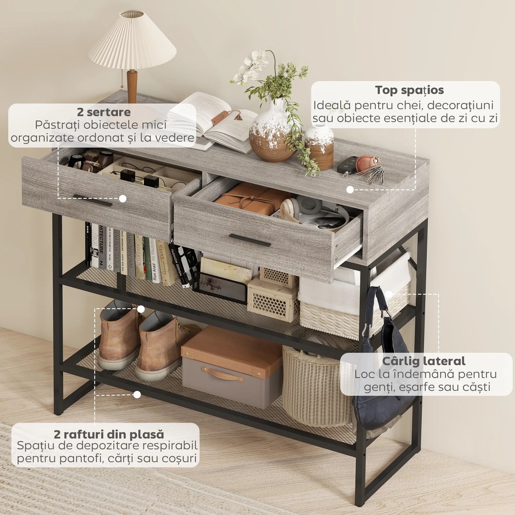 HOMCOM Console Table with 2 Drawers and 2 Mesh Shelves, Hallway Table with Metal Frame for Living Room, Entryway, Light Grey Wood Effect | Aosom Romania