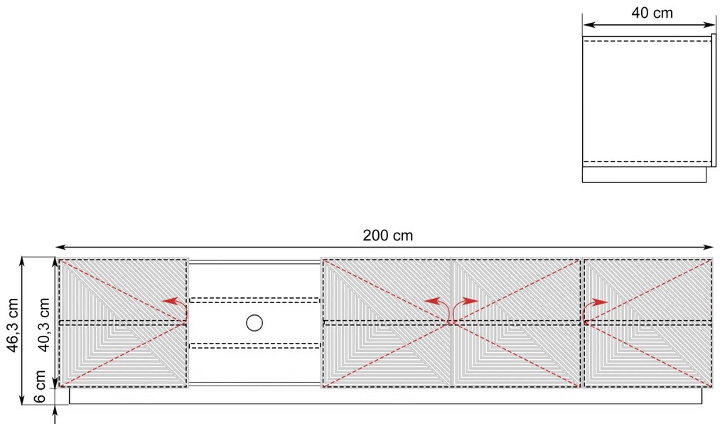 Comodă TV Asha 200 cm cu partea frontală riflat și nișă – negru mat