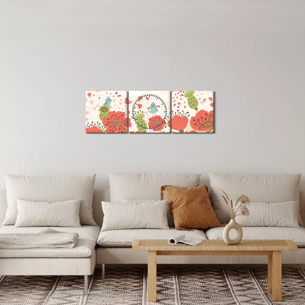 Tablou - Păsări pe o pajiște înflorită (cu ceas) (90x30 cm)