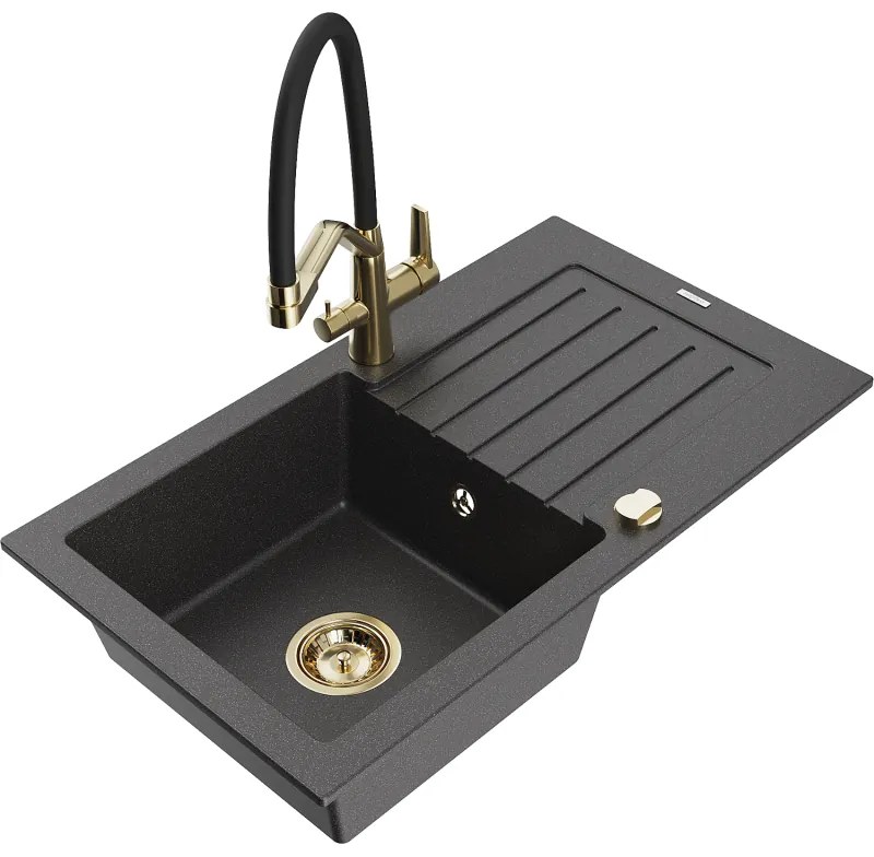 Mexen Pablo chiuvetă din granit cu 1 compartiment, cu scurgător și baterie de bucătărie Duo, negru pistruiat