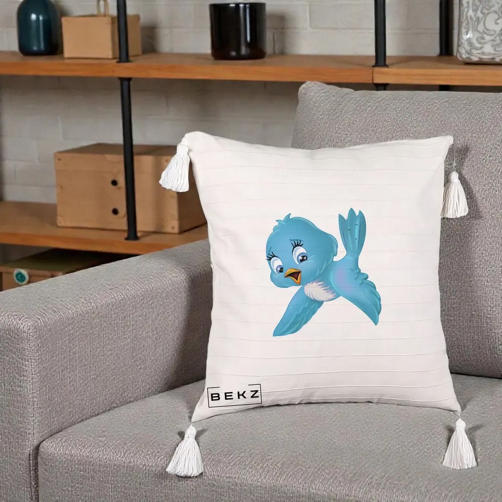 Perna Decorativa Pui de Pasare Albastru, 40x40 cm, Bej cu Franjuri, Husa Detasabila, Perna Inclusa, BEKZ®