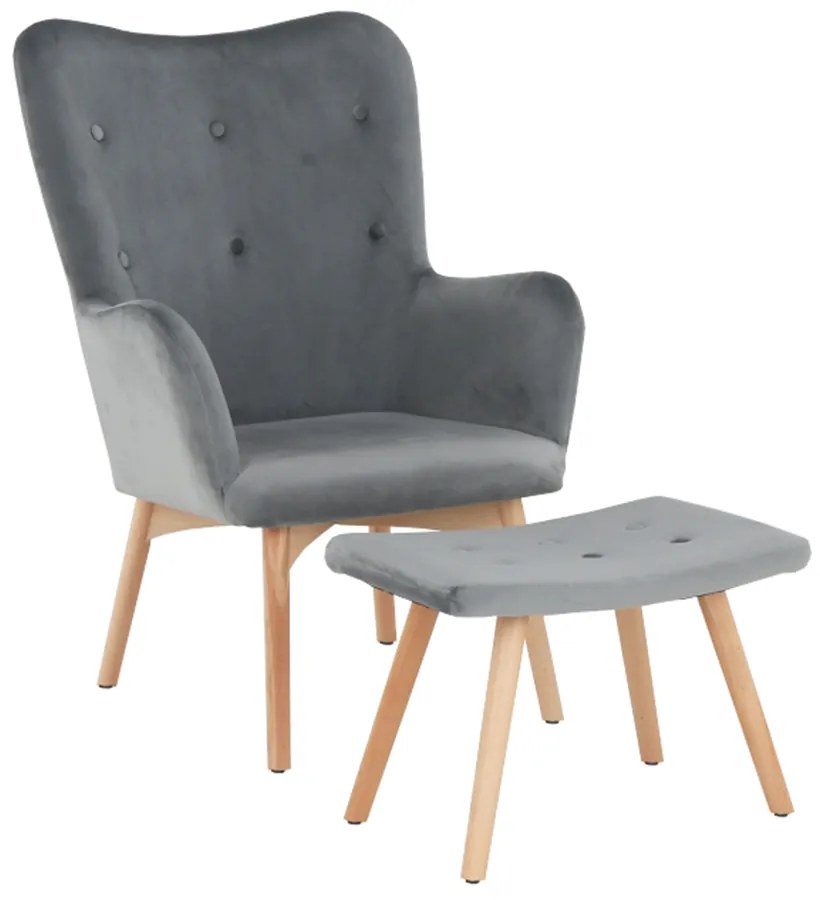 Fotoliu cu taburet, material de catifea gri/fag, LAGER NEW