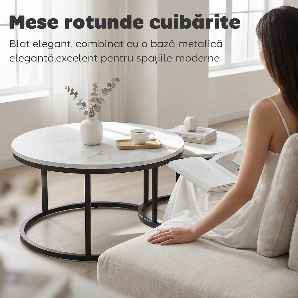 HOMCOM Set 2 Masute de Cafea care se Suprapun, Masute pentru Salon Rotunde din Metal si MDF Efect Marmura, Gri si Negru