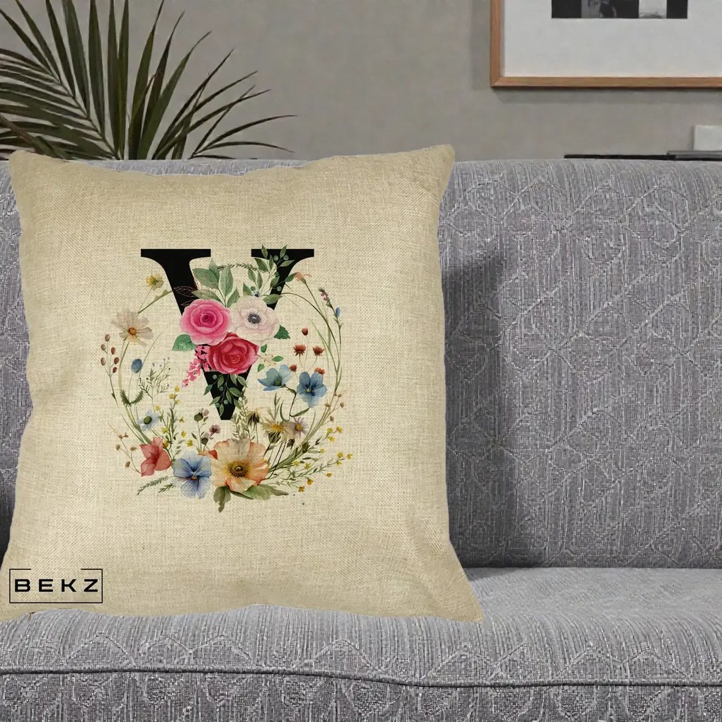 Cadou Personalizat - Perna Personalizata Monograma Florala Litera V cu Coroana, 40x40 cm, Crem, Husa Detasabila, Perna Inclusa, BEKZ®