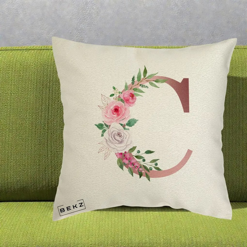 Cadou Personalizat - Perna Personalizata Monograma Rose Gold Litera C, 40x40 cm, Ecru, Husa Detasabila, Perna Inclusa, BEKZ®