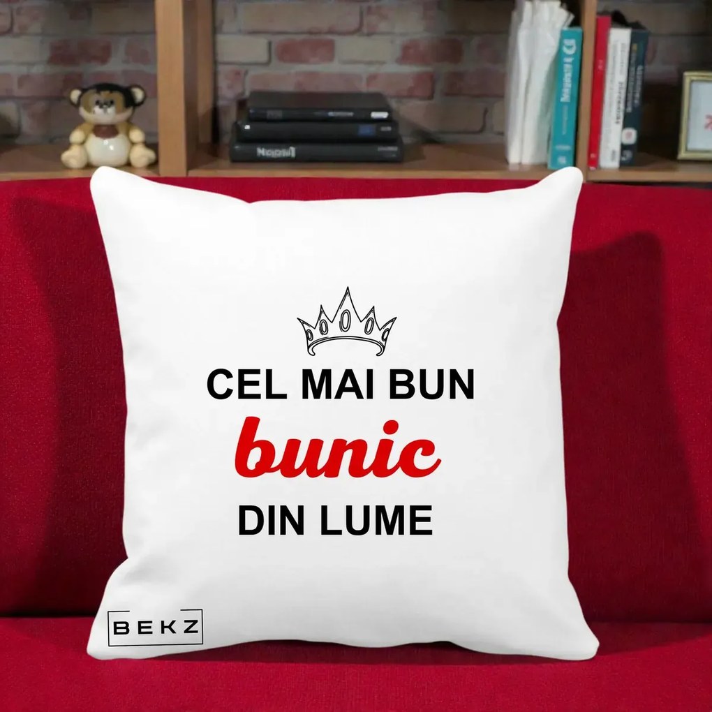 Cadou pentru Bunic - Perna Personalizata Cel Mai Bun Bunic Din Lume Coroana Rosu, 40x40 cm, Alba Mata, Husa Detasabila, Perna Inclusa, BEKZ®