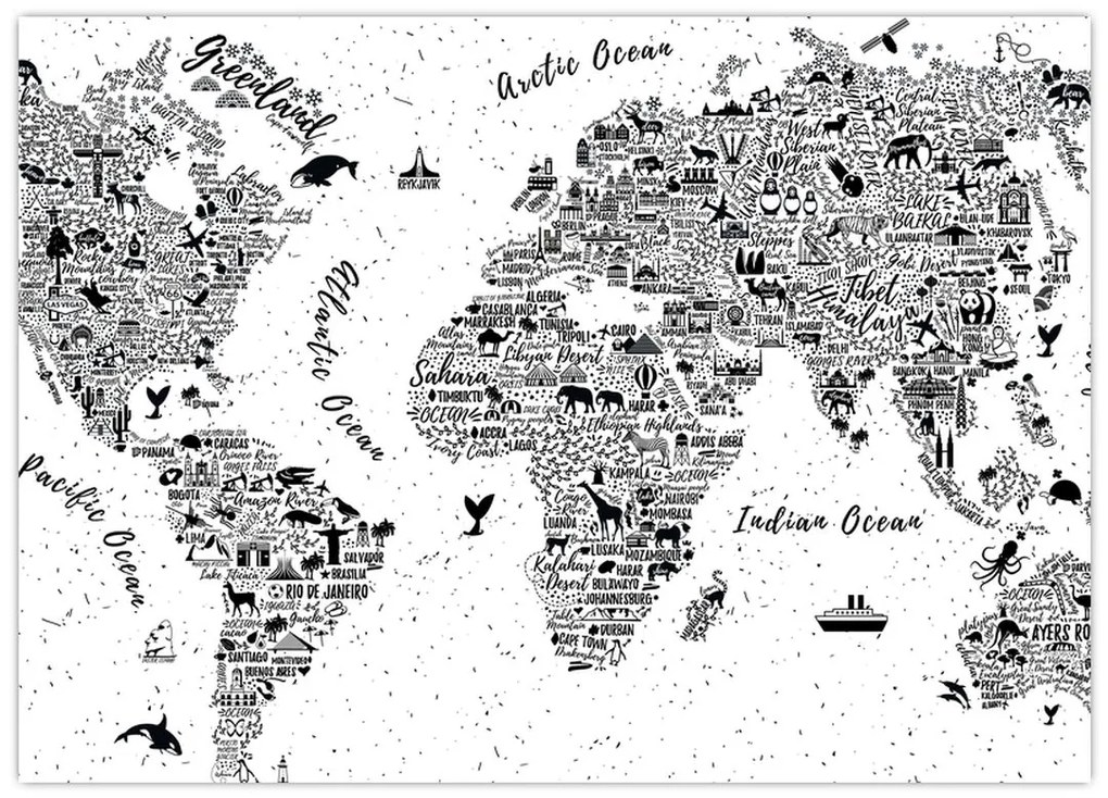 Tablou pe sticlă - Harta cu pictograme (70x50 cm)