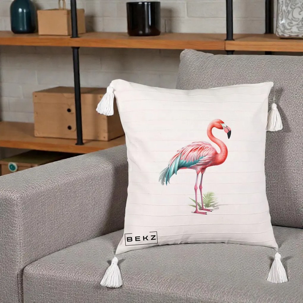 Perna Decorativa Flamingo Roz cu Pene Teal, 40x40 cm, Bej cu Franjuri, Husa Detasabila, Perna Inclusa, BEKZ®