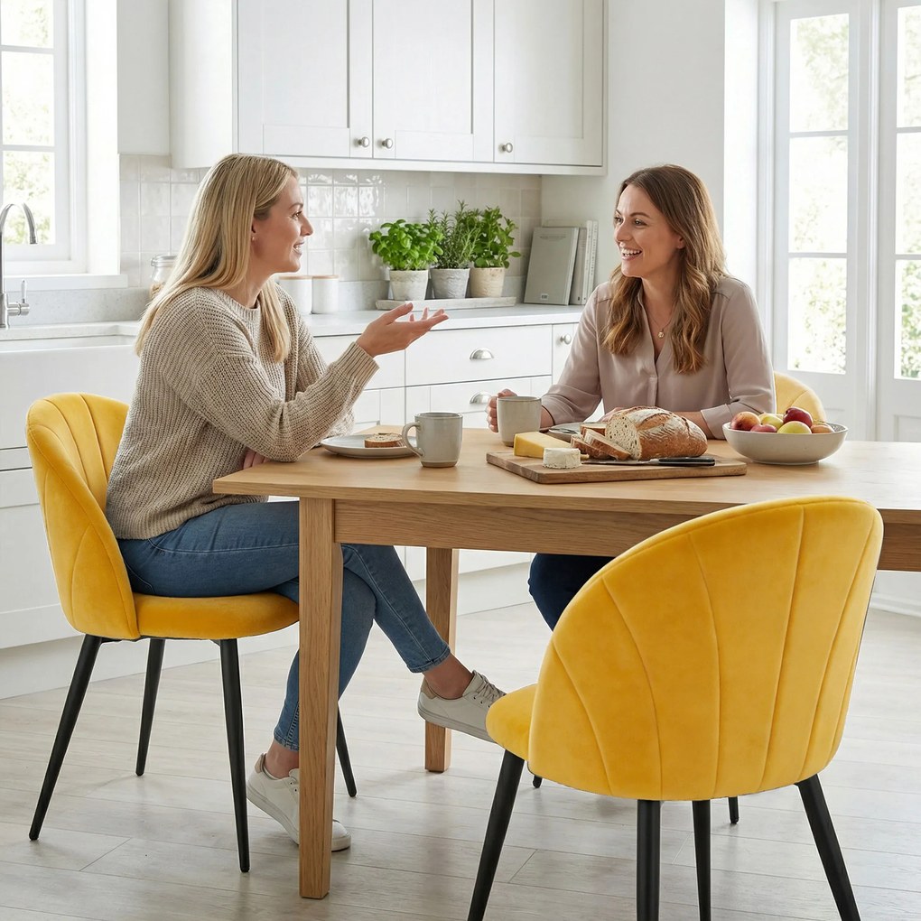 HOMCOM Set 2 Scaune pentru Sufragerie din Catifea, Scaune de Bucătărie cu Spătar Curbat în Formă de Scoică, Picioare din Oțel, Stil Nordic, Scaun Tapițat pentru Bucătărie, Dormitor, Living, Galben | Aosom Romania
