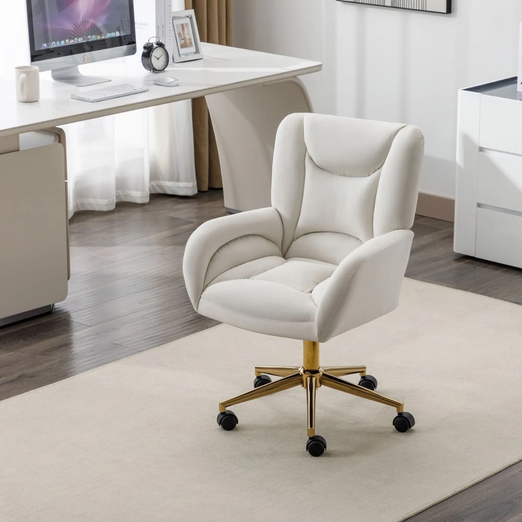 Scaun rotativ reglabil pe înălțime, din material de catifea și picioare aurii, design ergonomic, pentru birou, dormitor, 62x64x88-97 cm, Fildeș
