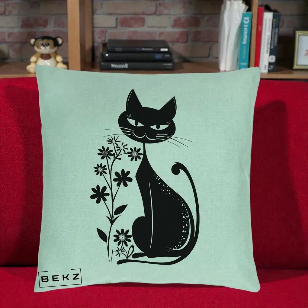 Perna Decorativa Pisica Neagra Grafica Minimalista, 40x40 cm, Verde Menta, Husa Detasabila, Perna Inclusa, BEKZ®