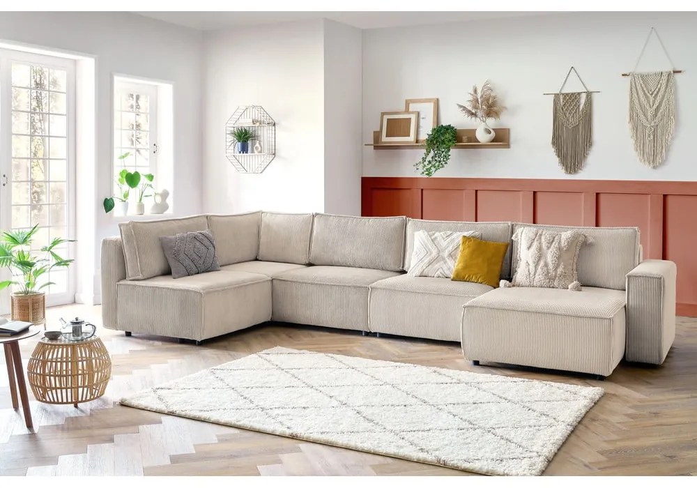 Colțar crem cu tapițerie din catifea reiată (cu colț pe partea stângă /în formă de "U") Nihad modular – Bobochic Paris