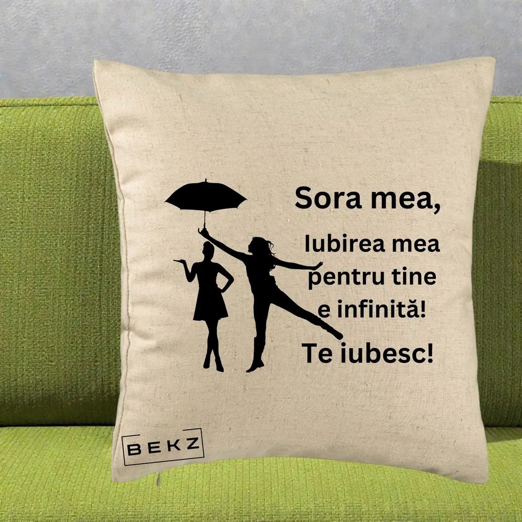 Cadou pentru Sora - Perna Personalizata Sora Mea Te Iubesc Siluete Negre cu Umbrela, 40x40 cm, Bej, Husa Detasabila, Perna Inclusa, BEKZ®