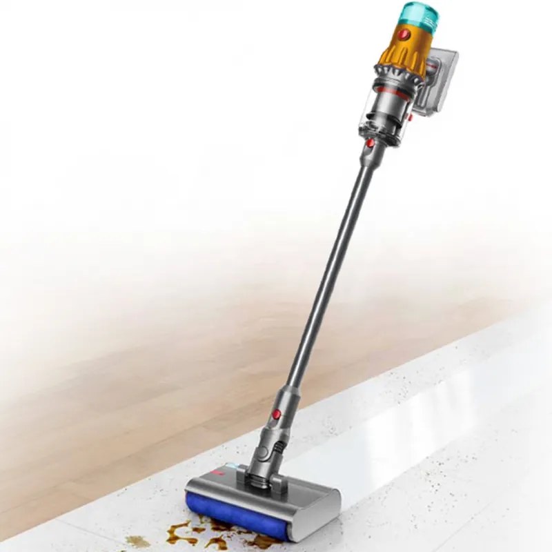 Aspirator vertical Dyson V12s Detect Slim Submarine 485350-01, 140AW, 0,35 L, 60 min, uscat/umed, 3 moduri, HEPA, senzor de praf, golire igienică, LCD cu date în timp real, nichel/galben