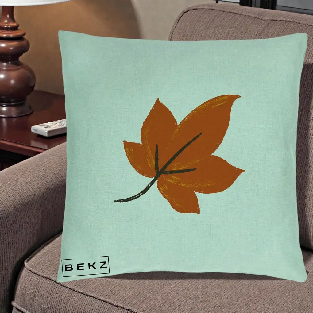 Perna Decorativa Frunza de Toamna Portocalie, 40x40 cm, Verde Menta, Husa Detasabila, Perna Inclusa, BEKZ®
